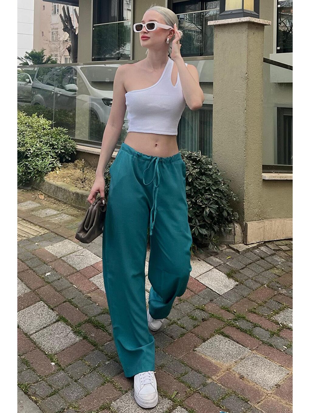 Zümrüt Yeşili Krinkıl Kumaş Basic Kadın Plaj Pantolon Mg1778-2