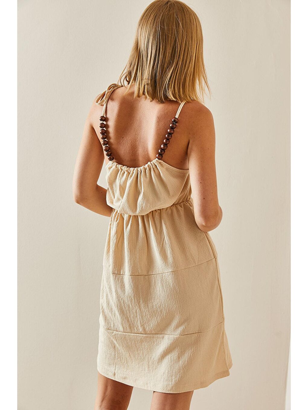 Bej Dokulu Boncuk Askılı Elbise 3YXK6-47449-25-4