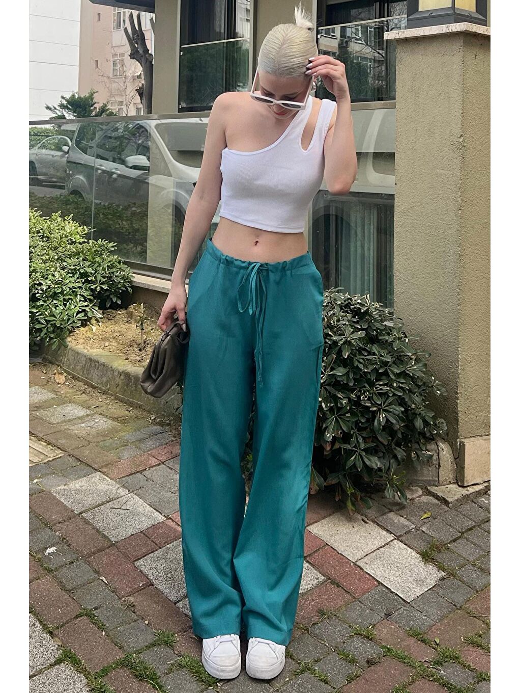 Zümrüt Yeşili Krinkıl Kumaş Basic Kadın Plaj Pantolon Mg1778-3