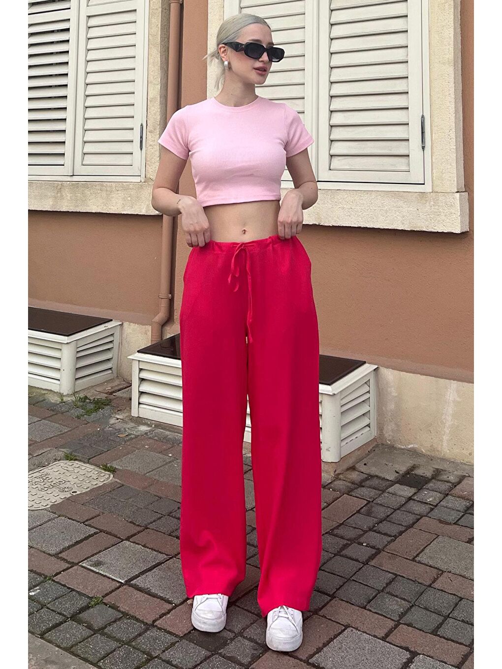 Fuşya Krinkıl Kumaş Basic Kadın Plaj Pantolon Mg1778