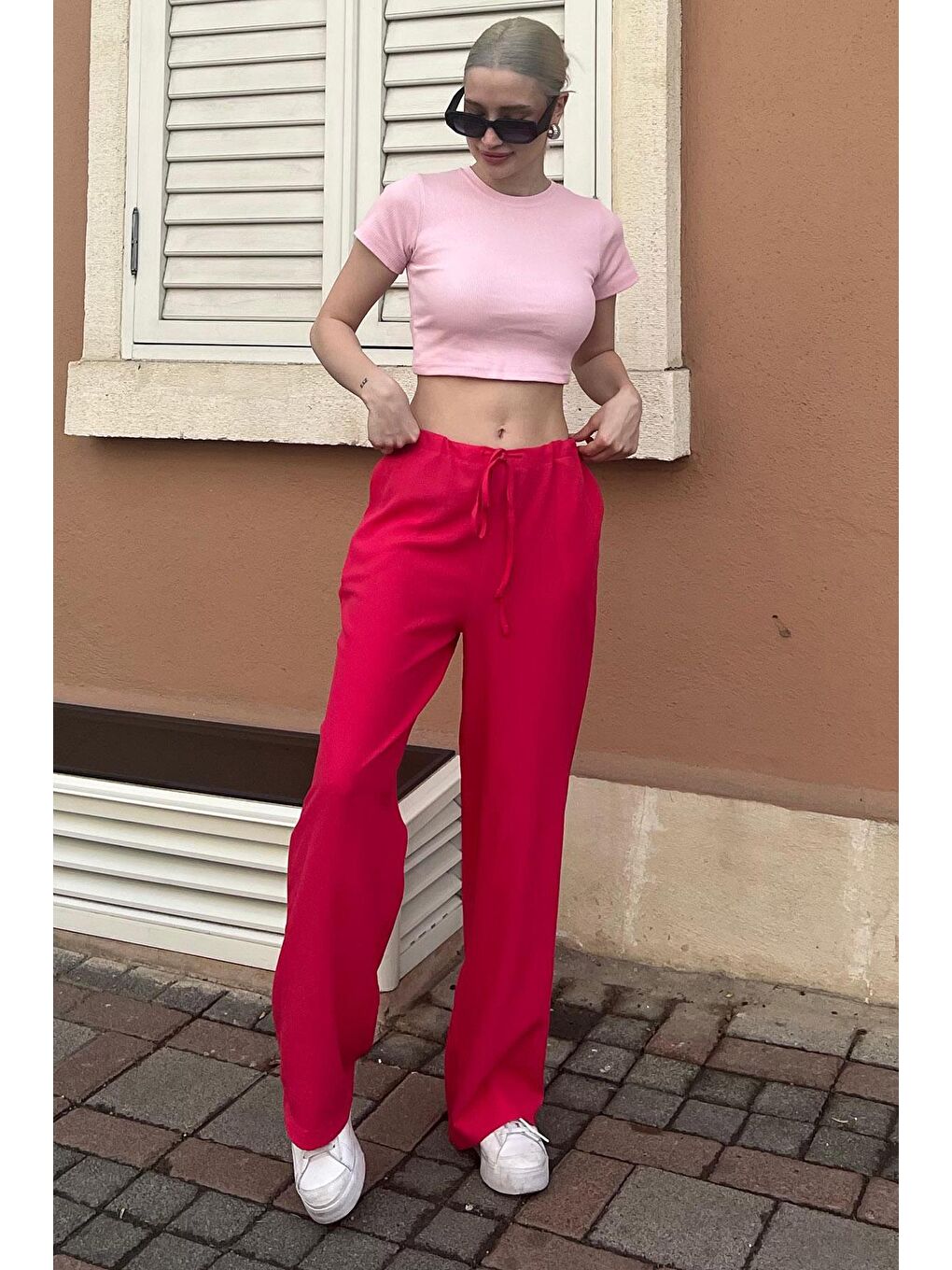 Fuşya Krinkıl Kumaş Basic Kadın Plaj Pantolon Mg1778-1