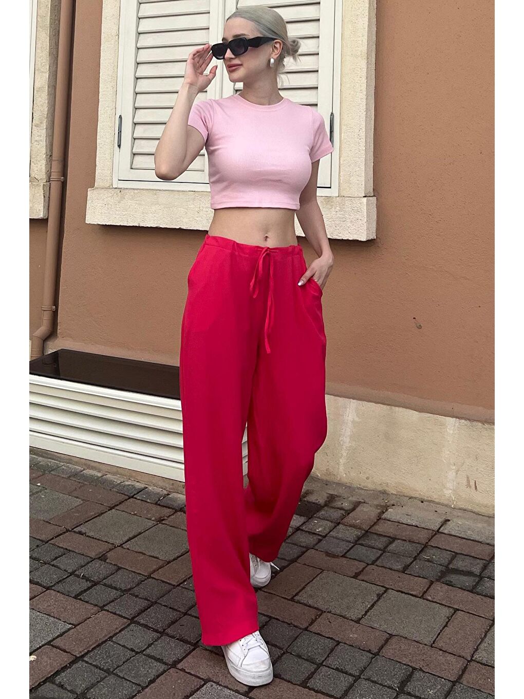 Fuşya Krinkıl Kumaş Basic Kadın Plaj Pantolon Mg1778-2