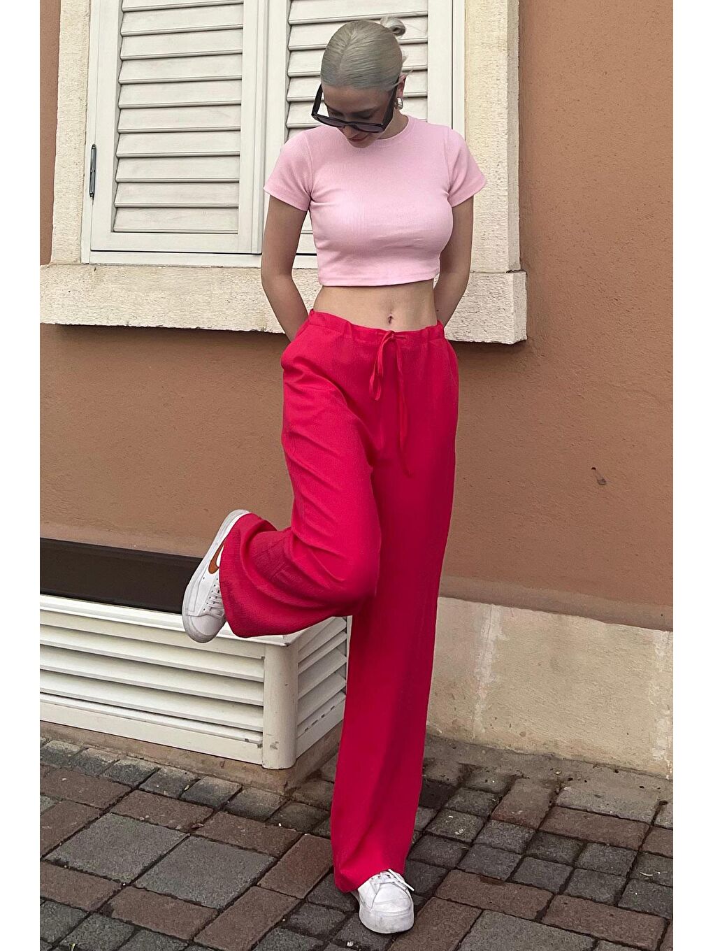 Fuşya Krinkıl Kumaş Basic Kadın Plaj Pantolon Mg1778-3