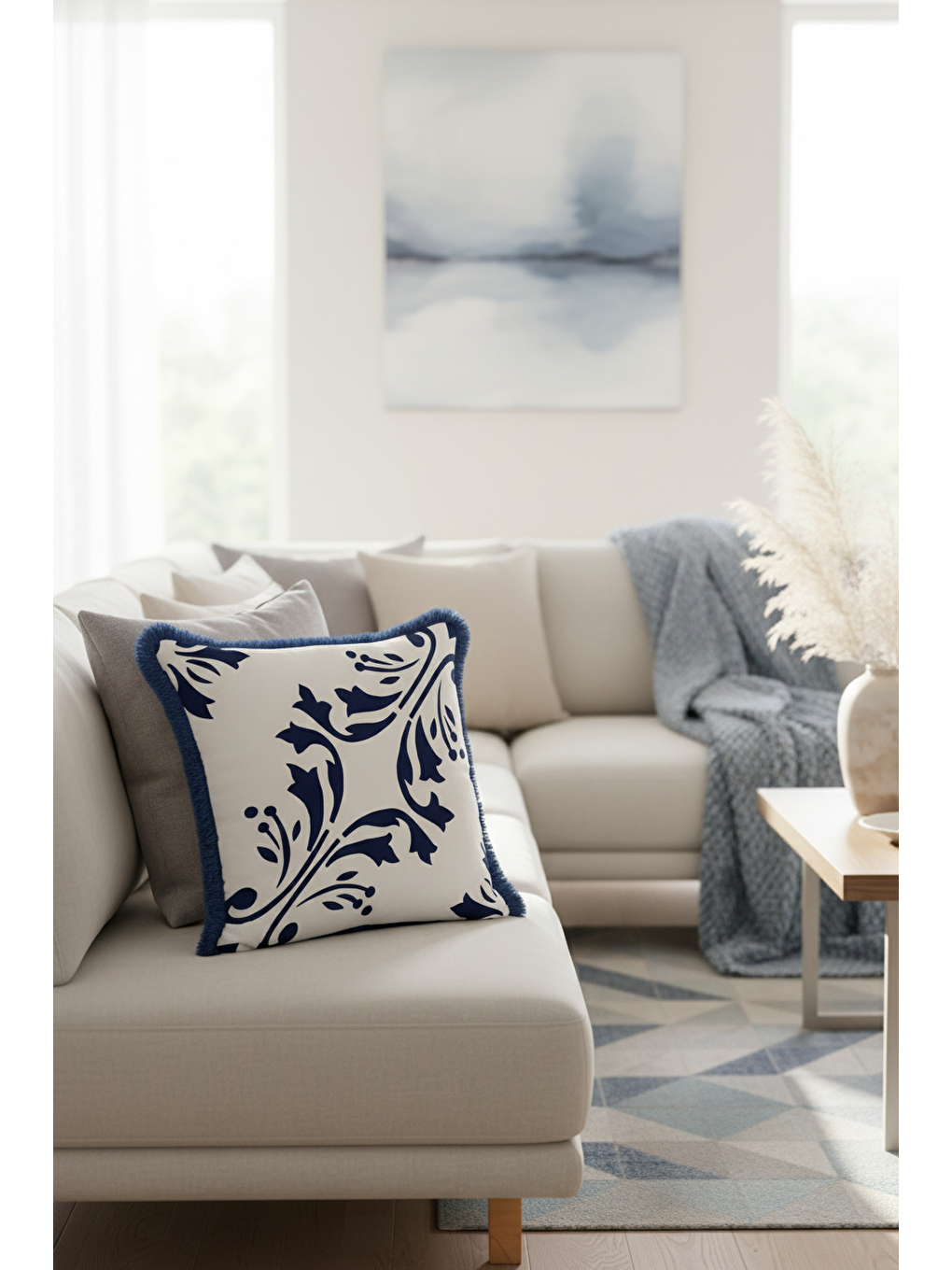 Karışık Barok Lüks Saçaklı Yastık Kılıfı - Akdeniz Klasik Mavi Beyaz Modern Püsküllü Kırlent Kılıfı-2