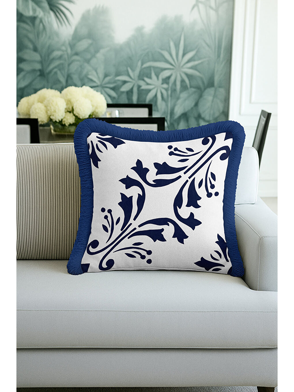 Karışık Barok Lüks Saçaklı Yastık Kılıfı - Akdeniz Klasik Mavi Beyaz Modern Püsküllü Kırlent Kılıfı-3