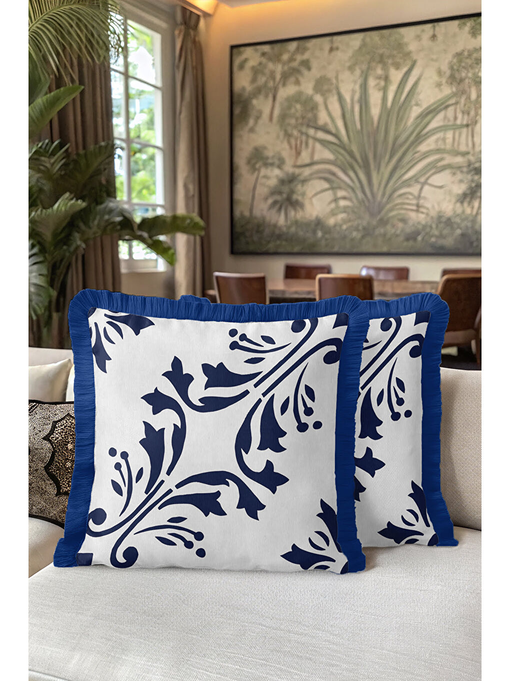 Karışık Barok Lüks Saçaklı Yastık Kılıfı - Akdeniz Klasik Mavi Beyaz Modern Püsküllü Kırlent Kılıfı-5
