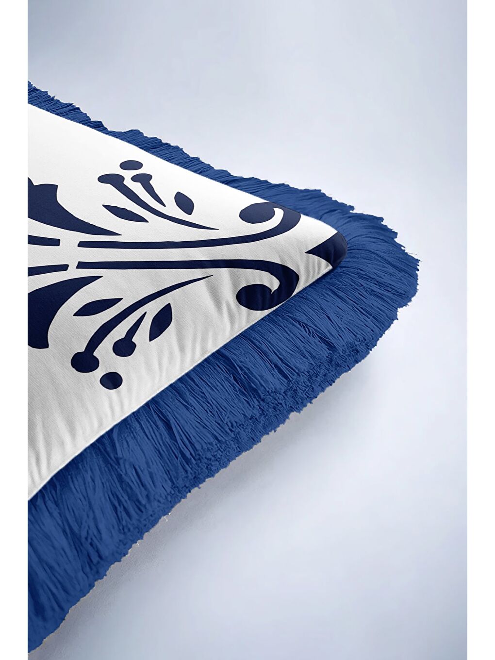 Karışık Barok Lüks Saçaklı Yastık Kılıfı - Akdeniz Klasik Mavi Beyaz Modern Püsküllü Kırlent Kılıfı-6