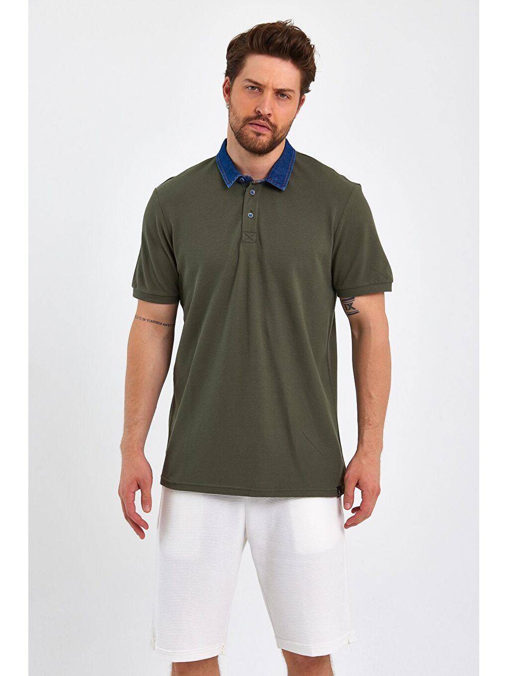 Haki Polo Denim Yaka Erkek Tişört