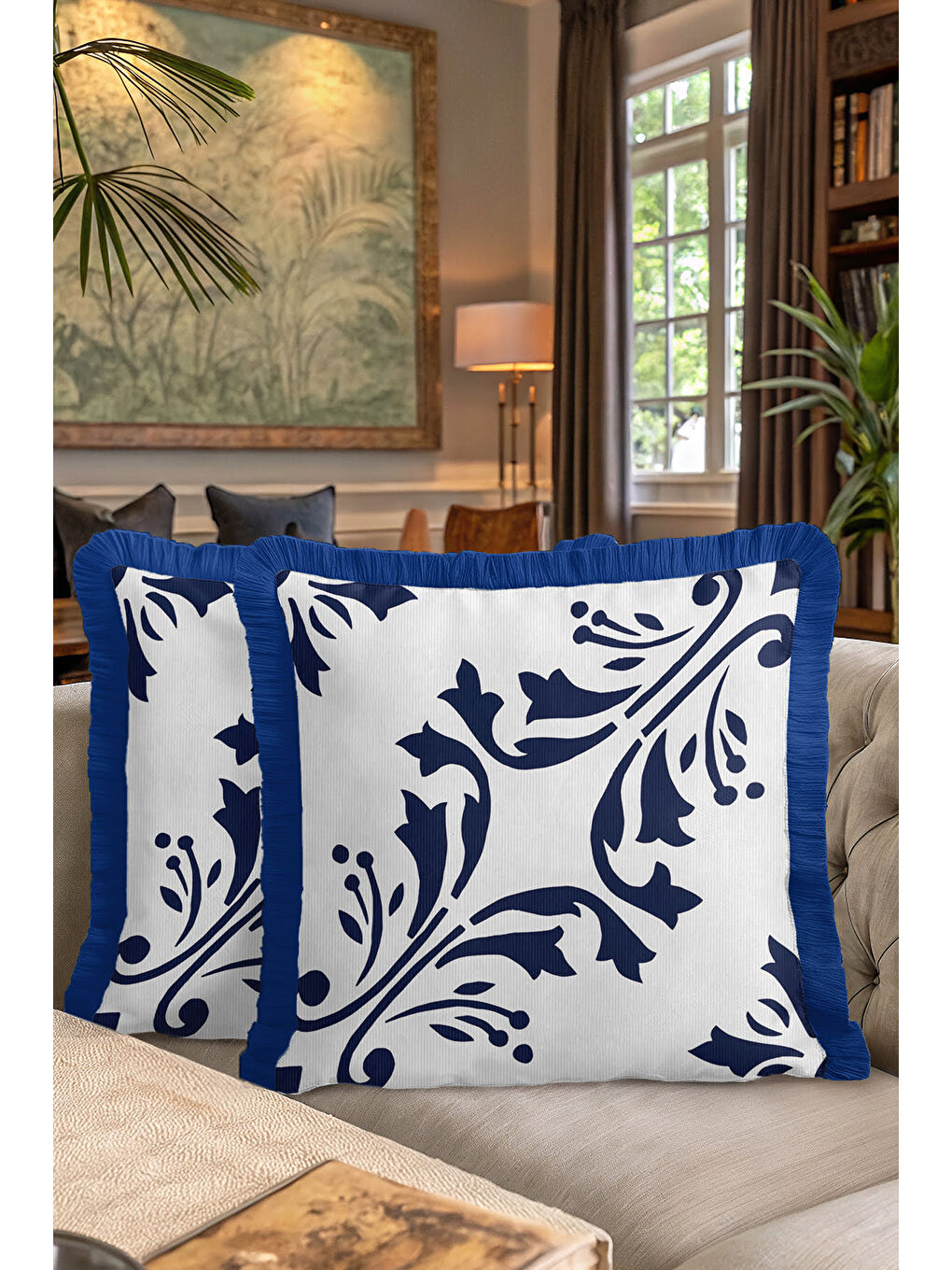 Karışık Barok Lüks Saçaklı Yastık Kılıfı - Akdeniz Klasik Mavi Beyaz Modern Püsküllü Kırlent Kılıfı-7
