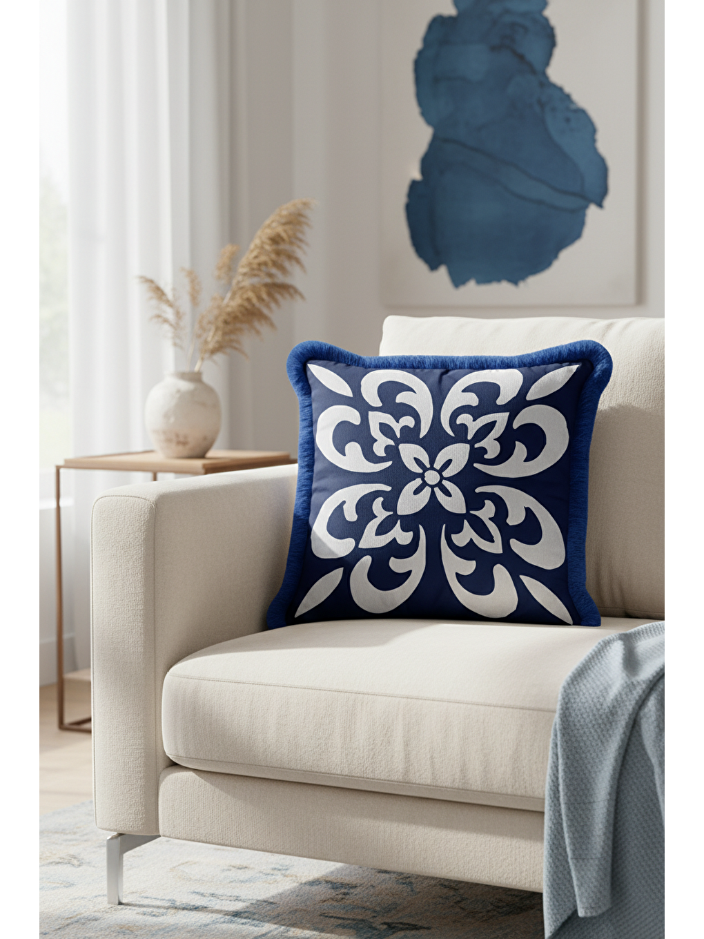 Karışık Lüks Barok Motifli Saçaklı Yastık Kılıfı - Çiçek Formlu Klasik Lacivert Püsküllü Kırlent Kılıfı-1