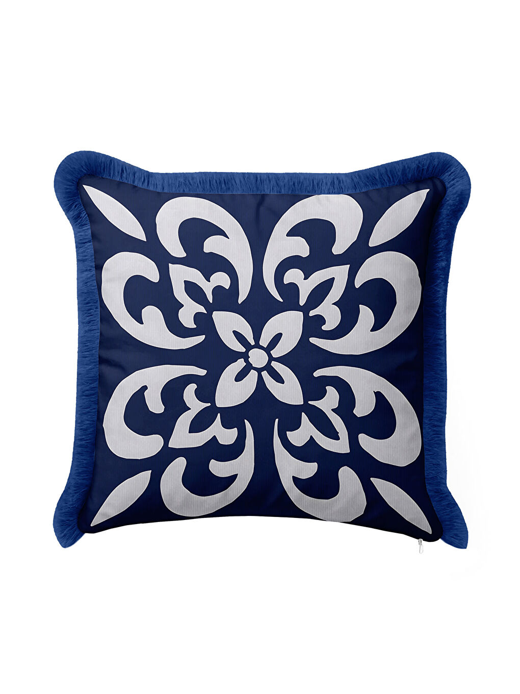 Karışık Lüks Barok Motifli Saçaklı Yastık Kılıfı - Çiçek Formlu Klasik Lacivert Püsküllü Kırlent Kılıfı-4