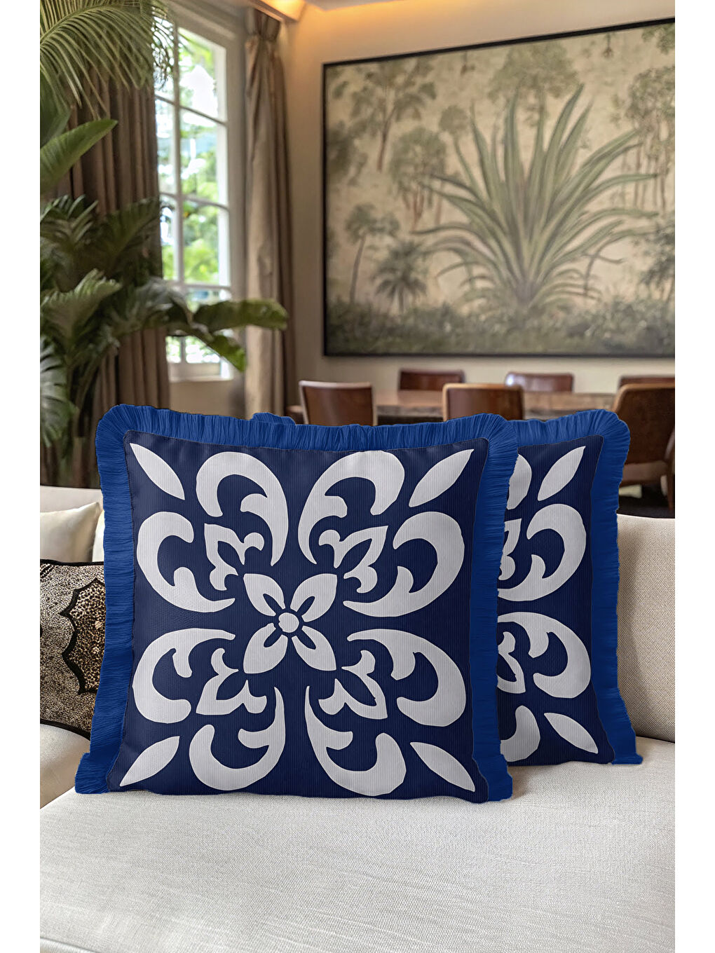 Karışık Lüks Barok Motifli Saçaklı Yastık Kılıfı - Çiçek Formlu Klasik Lacivert Püsküllü Kırlent Kılıfı-5