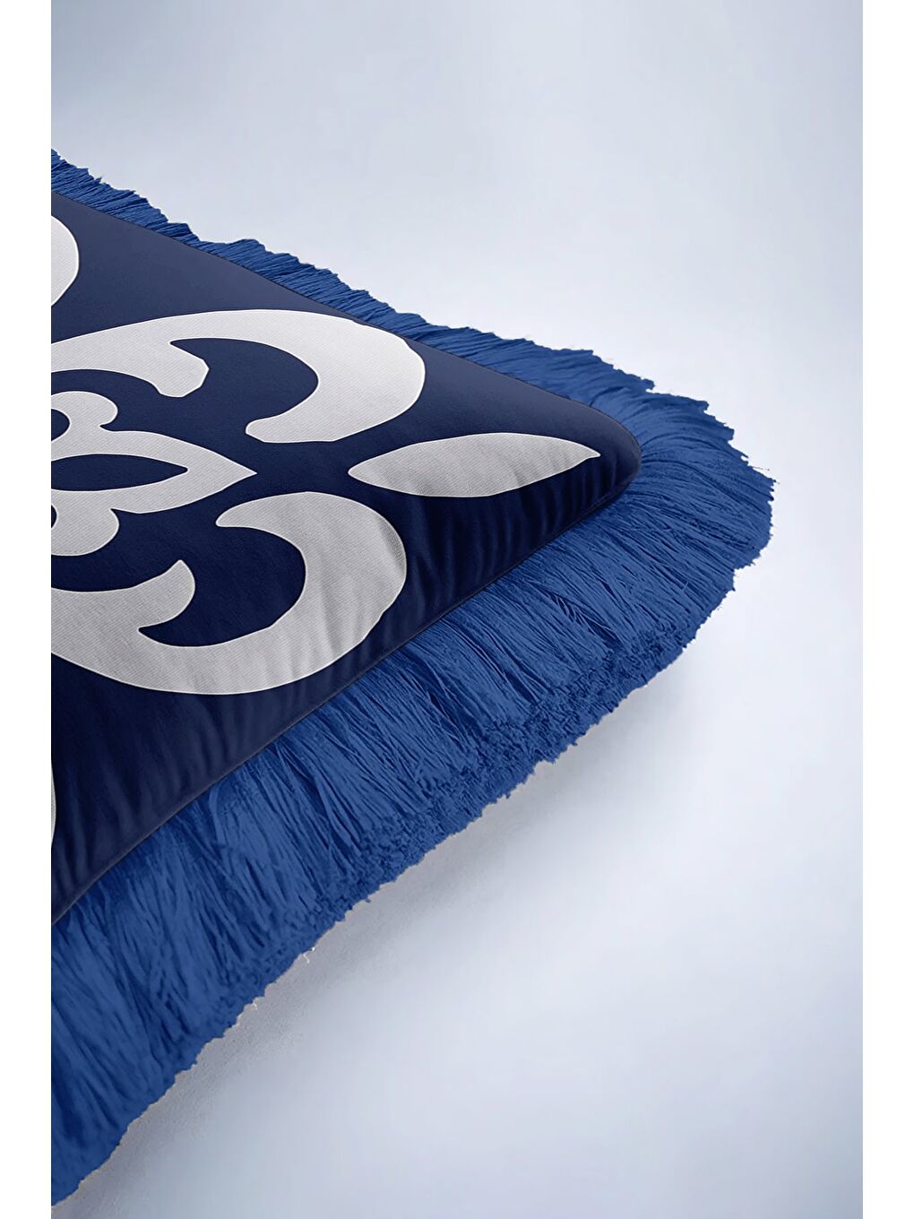 Karışık Lüks Barok Motifli Saçaklı Yastık Kılıfı - Çiçek Formlu Klasik Lacivert Püsküllü Kırlent Kılıfı-6