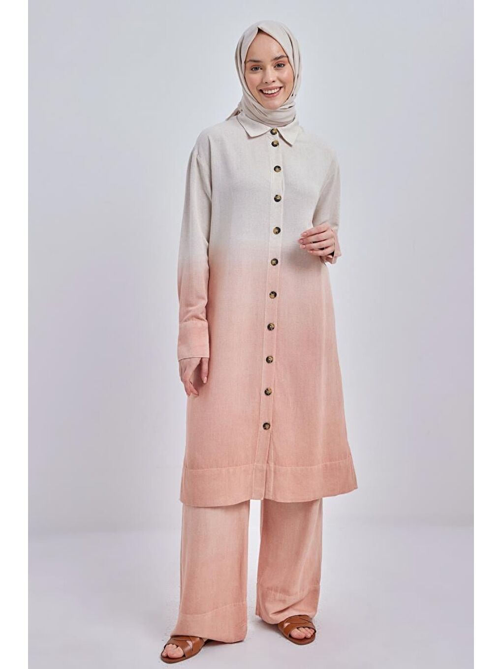 Pembe Somon-Degrade Keten Pantolonlu Takım