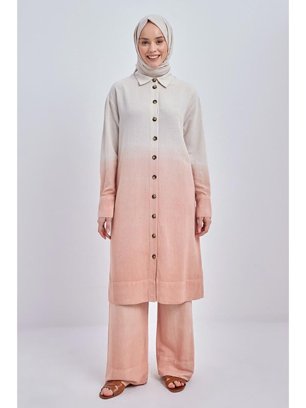 Pembe Somon-Degrade Keten Pantolonlu Takım-1