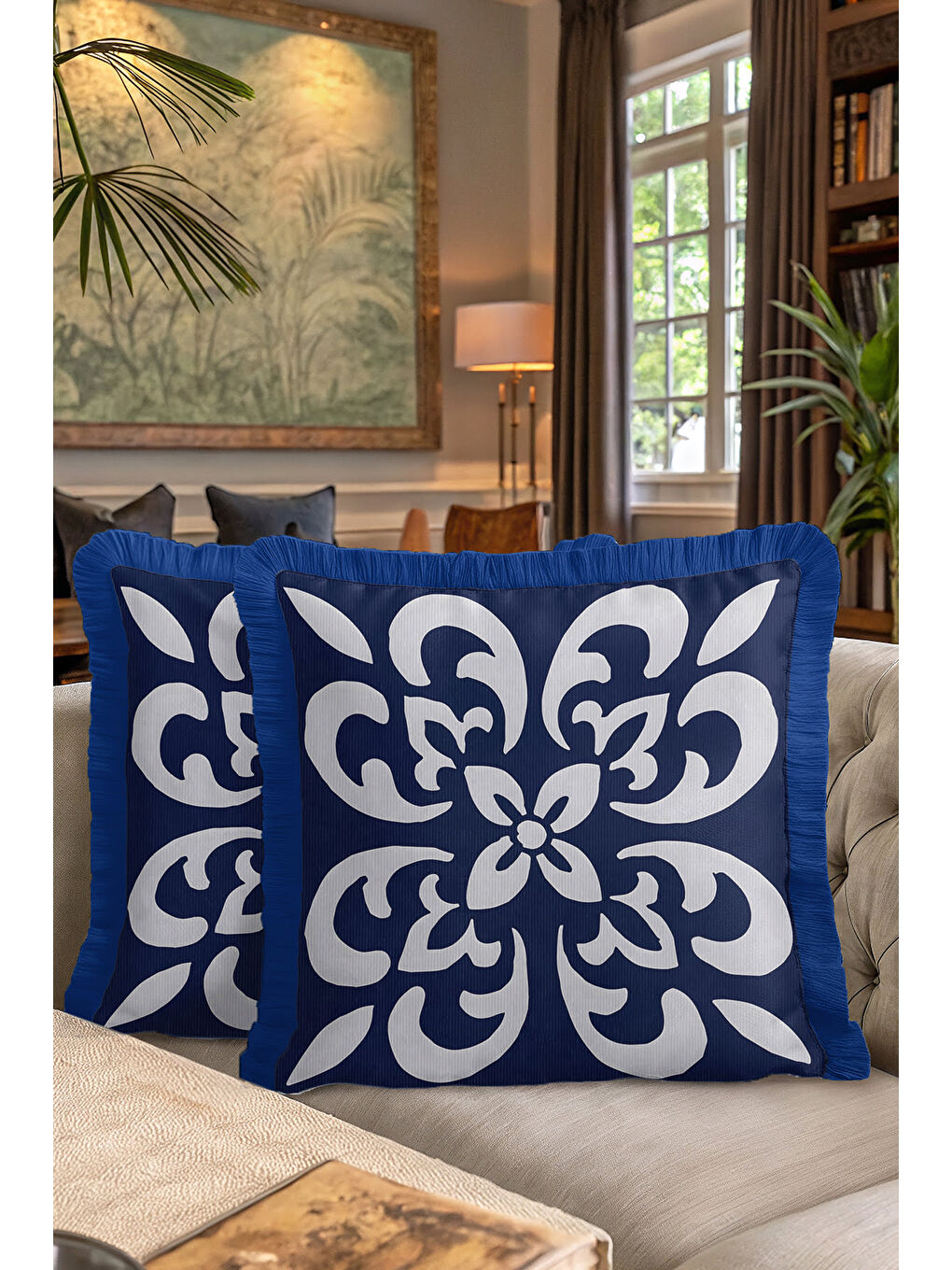 Karışık Lüks Barok Motifli Saçaklı Yastık Kılıfı - Çiçek Formlu Klasik Lacivert Püsküllü Kırlent Kılıfı-7