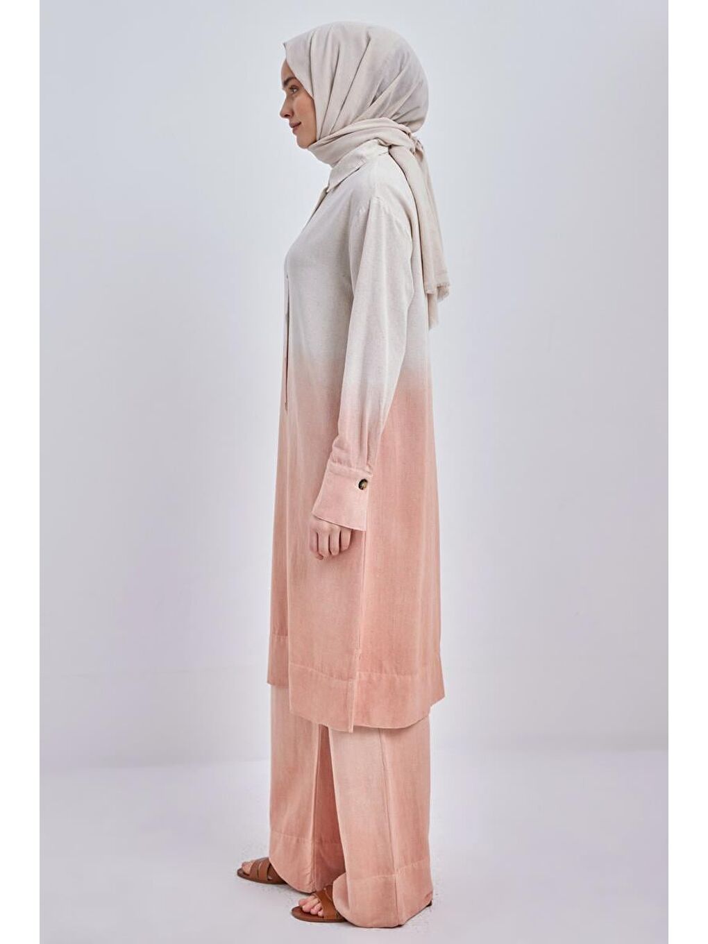 Pembe Somon-Degrade Keten Pantolonlu Takım-2