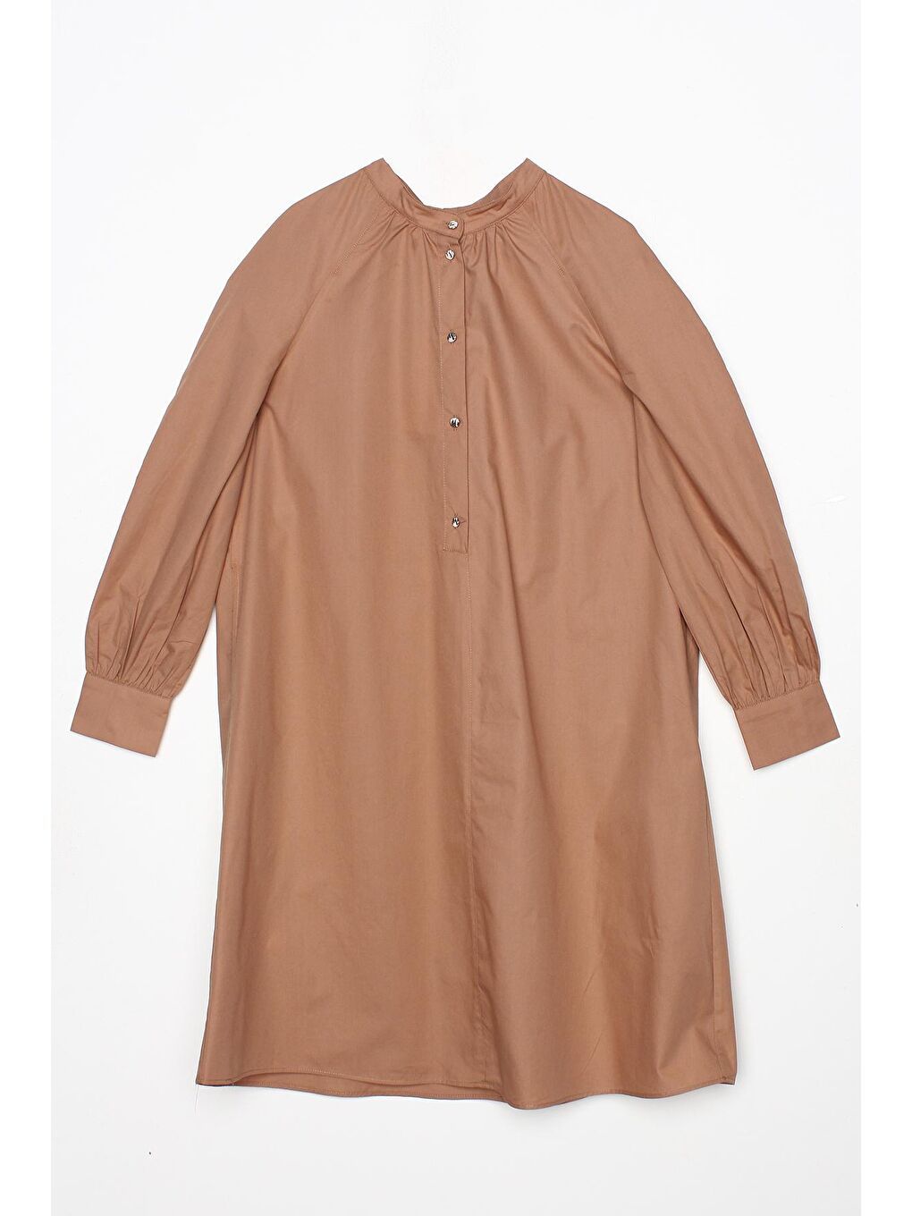 Kahverengi Toprak Hakim Yaka Yarım Patlı %100 Pamuklu Tunik-4