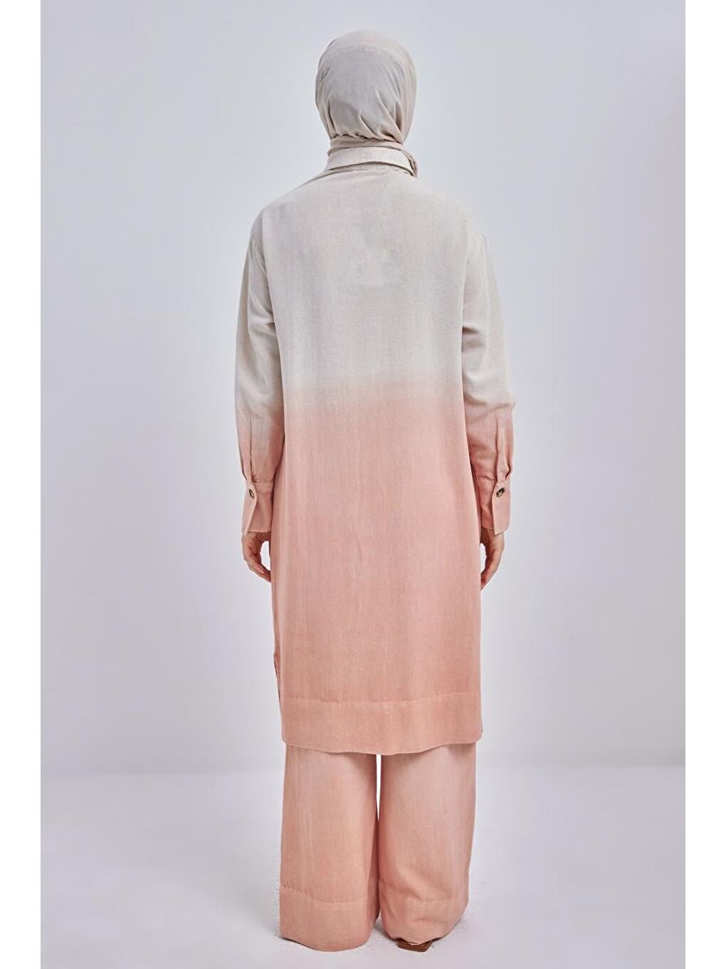 Pembe Somon-Degrade Keten Pantolonlu Takım-3