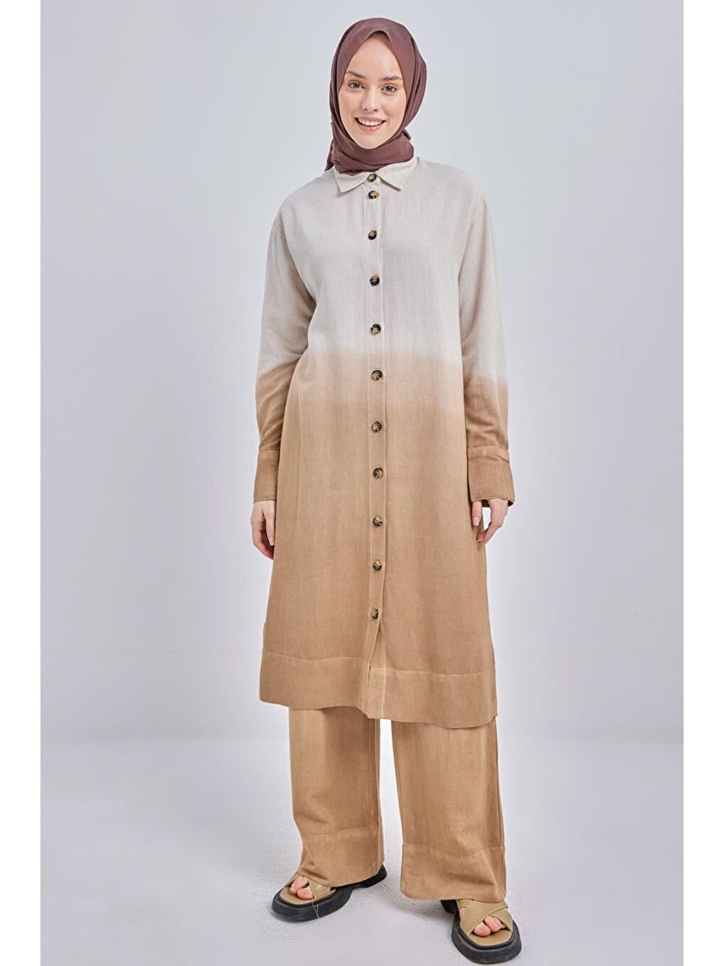 Bej Vizon-Degrade Keten Pantolonlu Takım-1