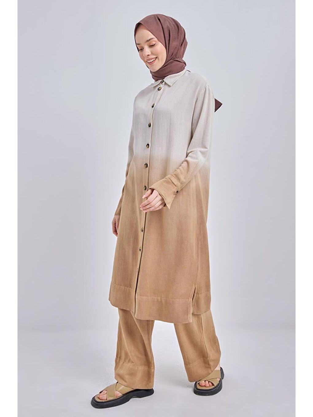 Bej Vizon-Degrade Keten Pantolonlu Takım-2