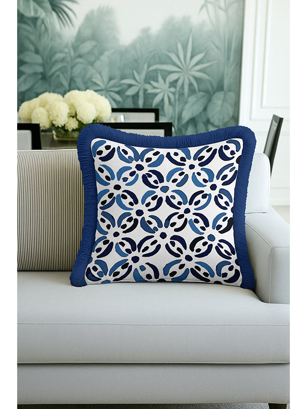 Karışık Modern Geometrik Saçaklı Yastık Kılıfı - Akdeniz Stili Mavi Beyaz Püsküllü Kırlent Kılıfı-2