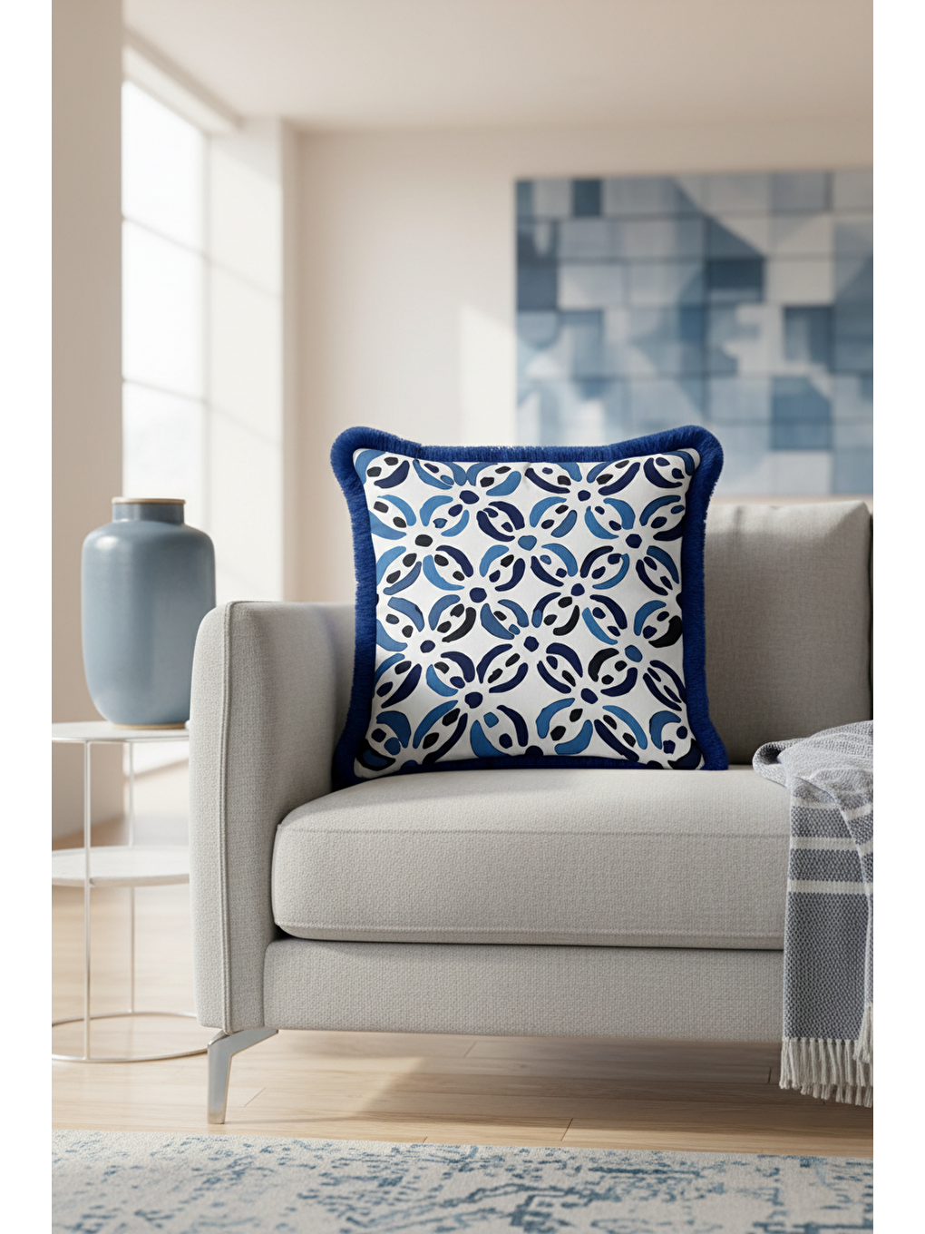 Karışık Modern Geometrik Saçaklı Yastık Kılıfı - Akdeniz Stili Mavi Beyaz Püsküllü Kırlent Kılıfı-3