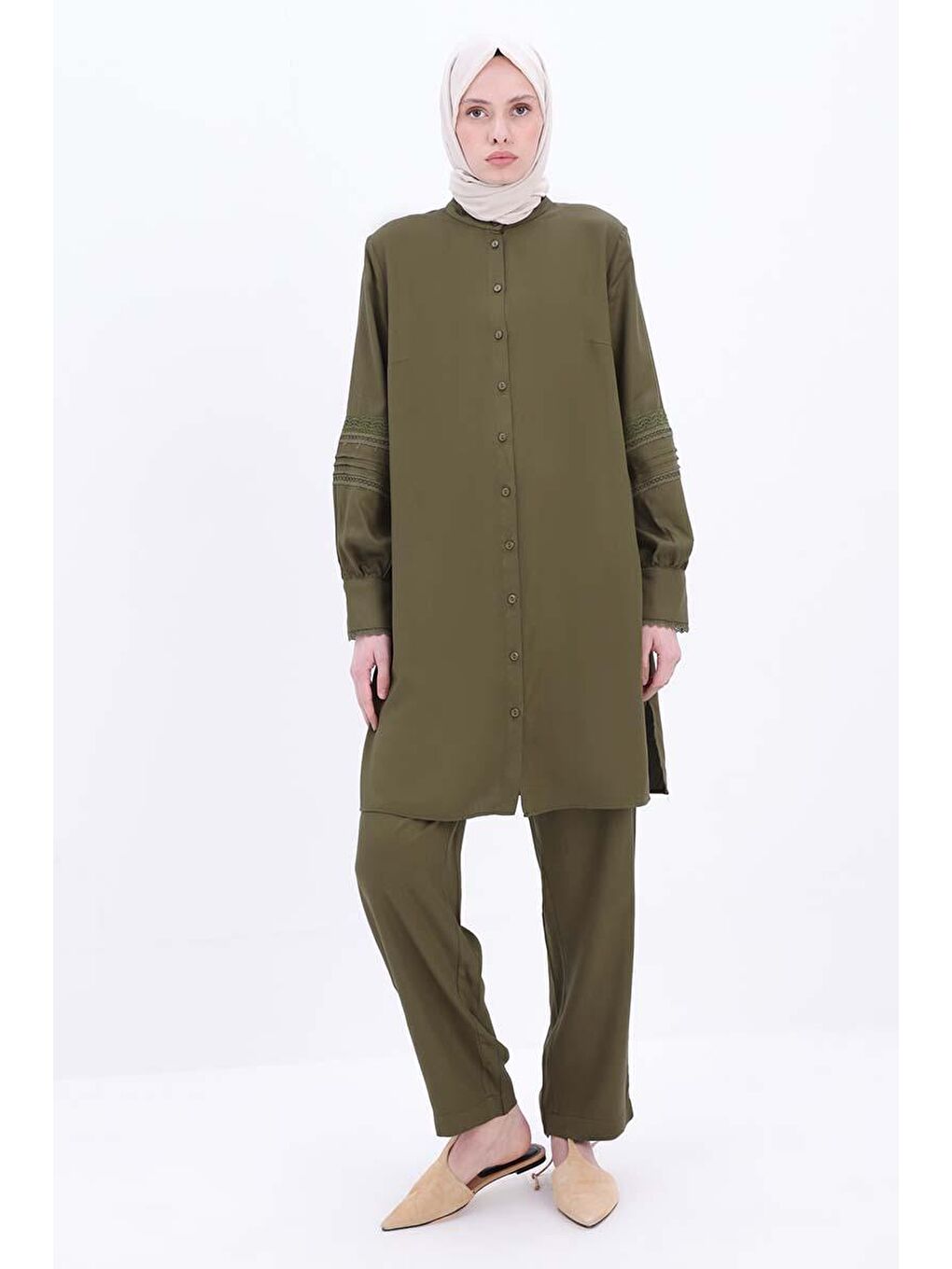 Haki-Fisto Detaylı Hakim Yaka Pantolonlu Takım-1