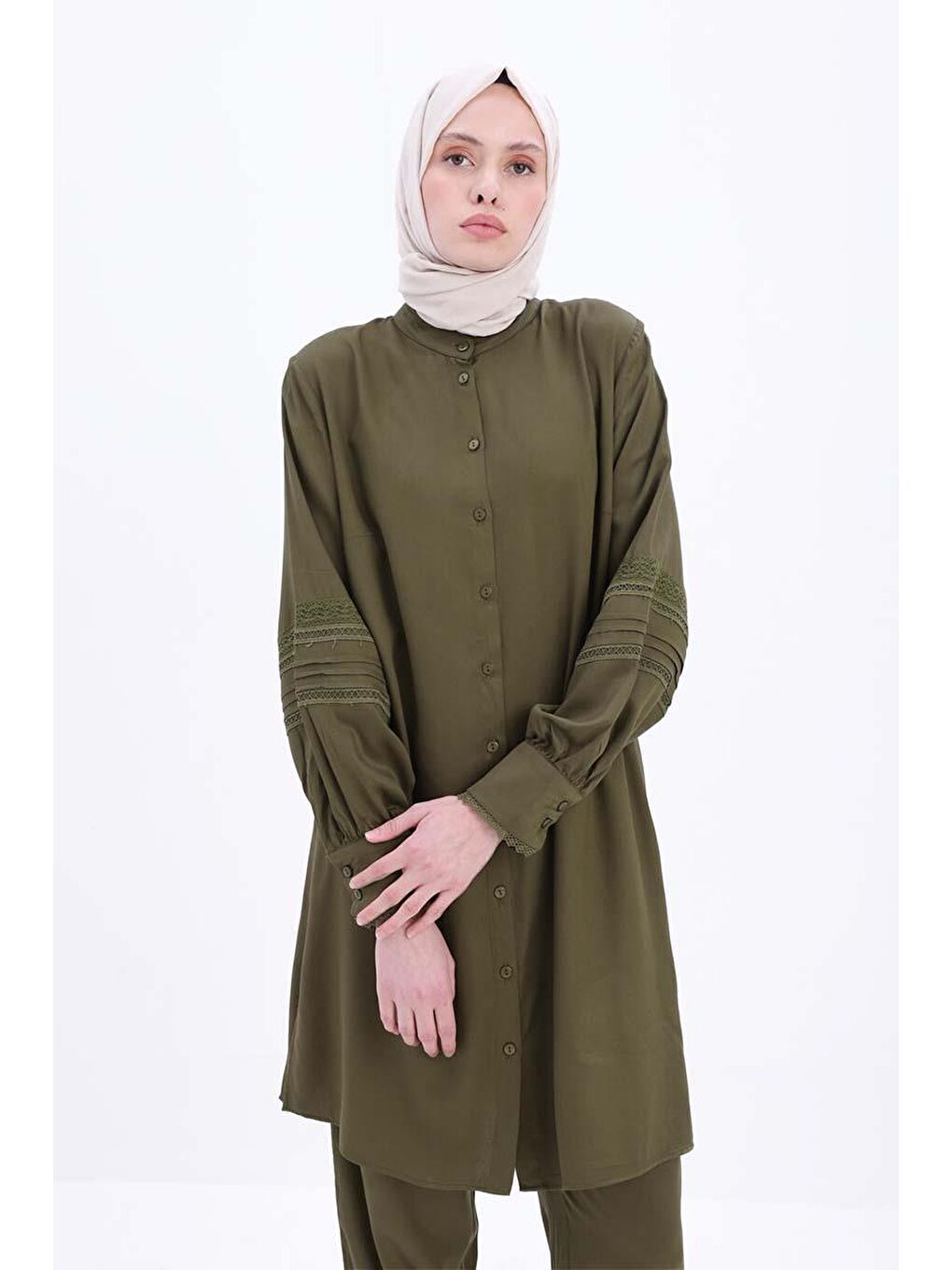 Haki-Fisto Detaylı Hakim Yaka Pantolonlu Takım-4