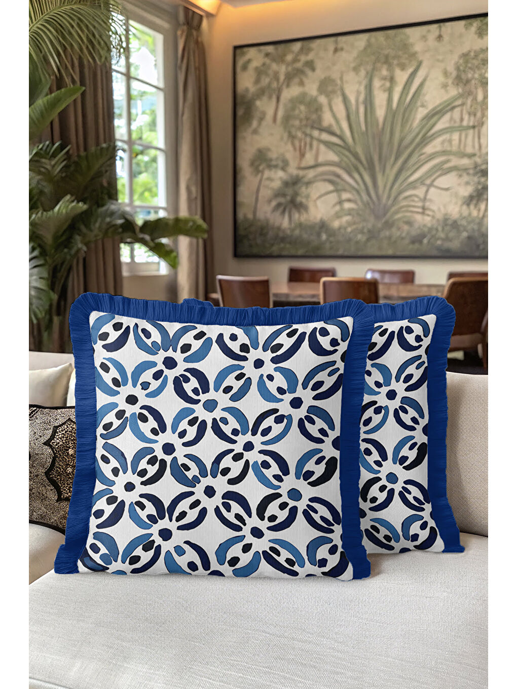Karışık Modern Geometrik Saçaklı Yastık Kılıfı - Akdeniz Stili Mavi Beyaz Püsküllü Kırlent Kılıfı-5