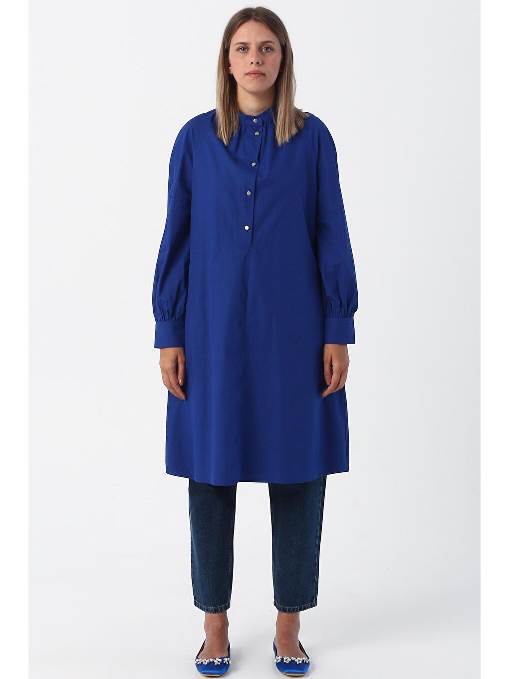 Mavi Saks Hakim Yaka Yarım Patlı %100 Pamuklu Tunik-1