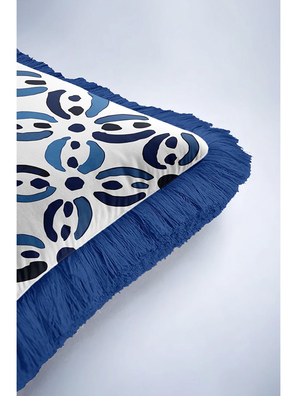 Karışık Modern Geometrik Saçaklı Yastık Kılıfı - Akdeniz Stili Mavi Beyaz Püsküllü Kırlent Kılıfı-6