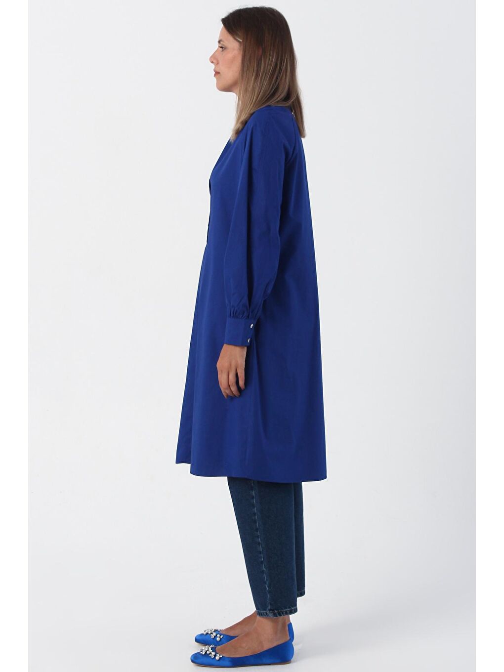 Mavi Saks Hakim Yaka Yarım Patlı %100 Pamuklu Tunik-2