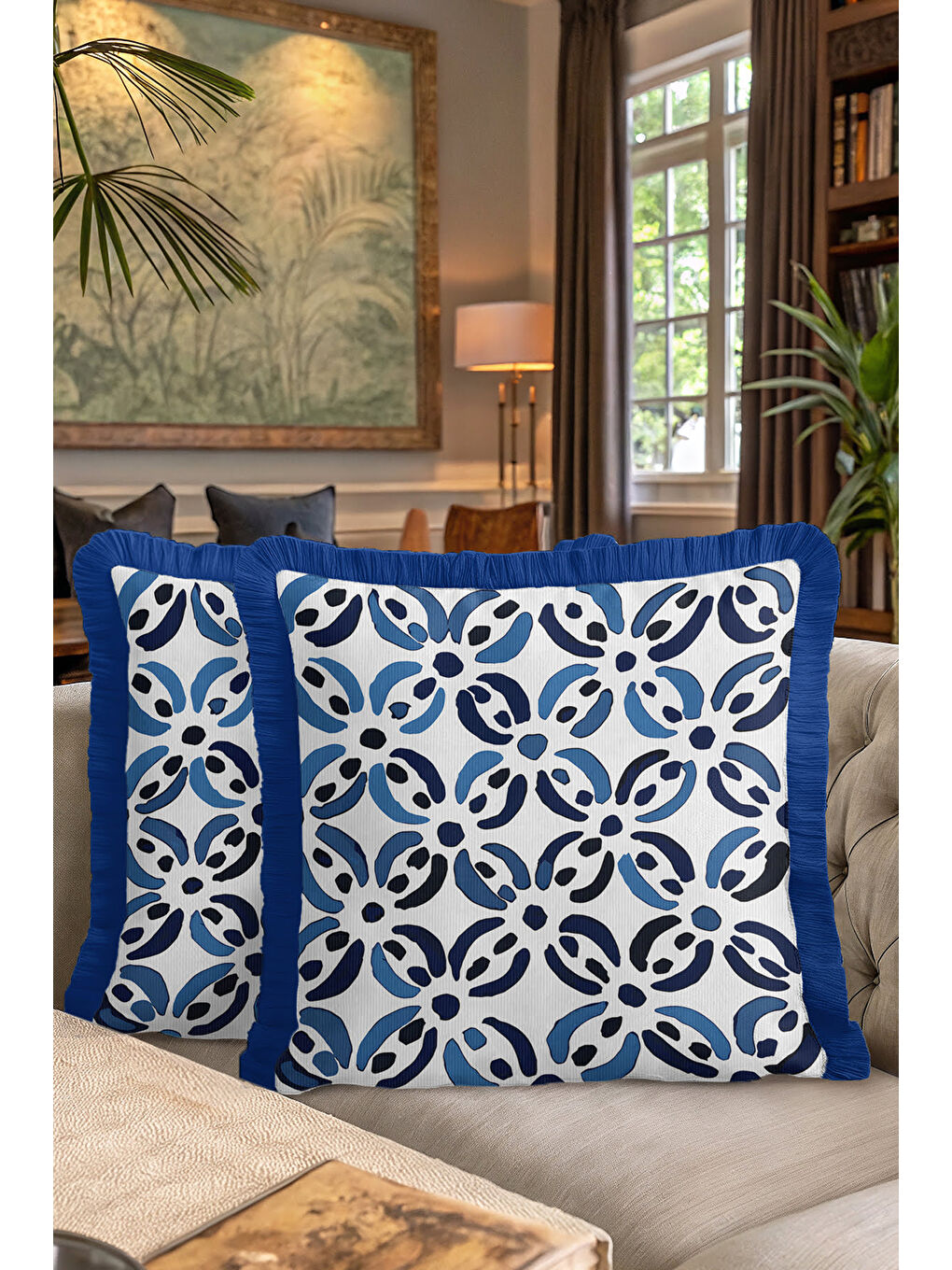 Karışık Modern Geometrik Saçaklı Yastık Kılıfı - Akdeniz Stili Mavi Beyaz Püsküllü Kırlent Kılıfı-7