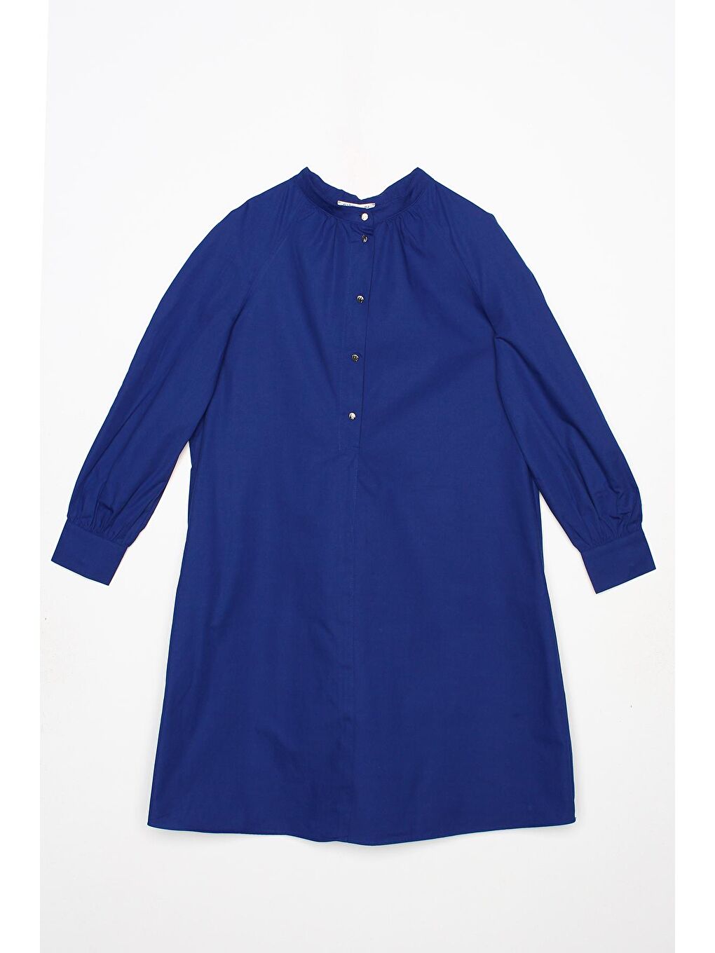 Mavi Saks Hakim Yaka Yarım Patlı %100 Pamuklu Tunik-4