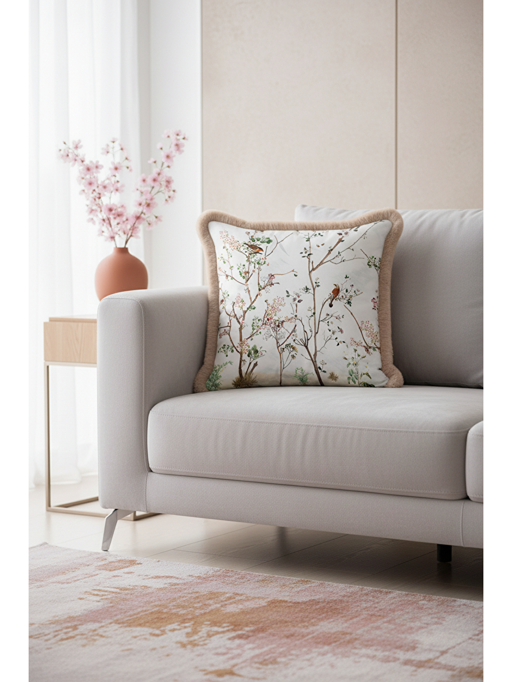 Karışık Çiçekli Kuş Motifli Saçaklı Yastık Kılıfı - Doğal Bahar Rustik Bej Püsküllü Kırlent Kılıfı-2