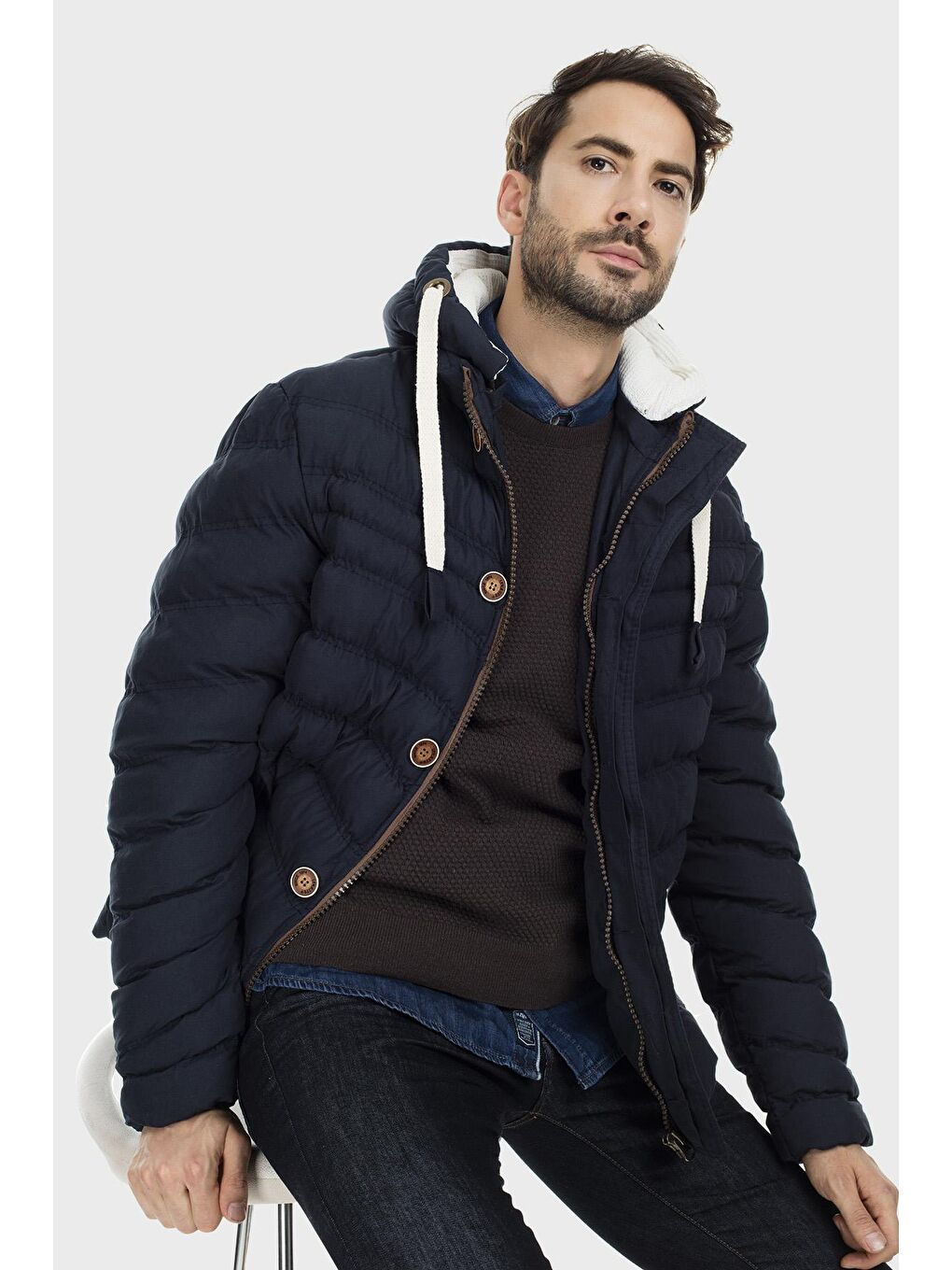 Lacivert Slim Fit Kapüşonlu Dik Yaka Şişme Mont 55618K5071-2