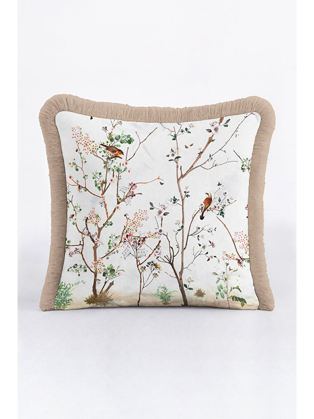 Karışık Çiçekli Kuş Motifli Saçaklı Yastık Kılıfı - Doğal Bahar Rustik Bej Püsküllü Kırlent Kılıfı-3