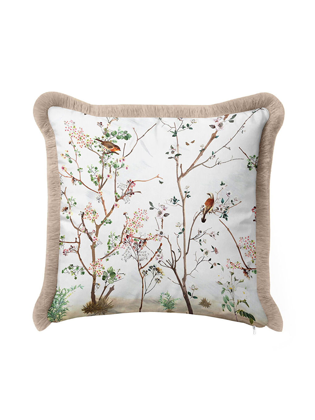 Karışık Çiçekli Kuş Motifli Saçaklı Yastık Kılıfı - Doğal Bahar Rustik Bej Püsküllü Kırlent Kılıfı-4
