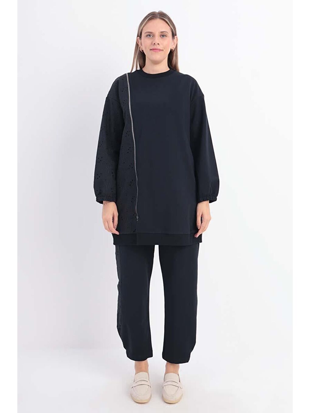 Lacivert-Büyük Beden Fisto Garnili Pantolonlu Takım-1