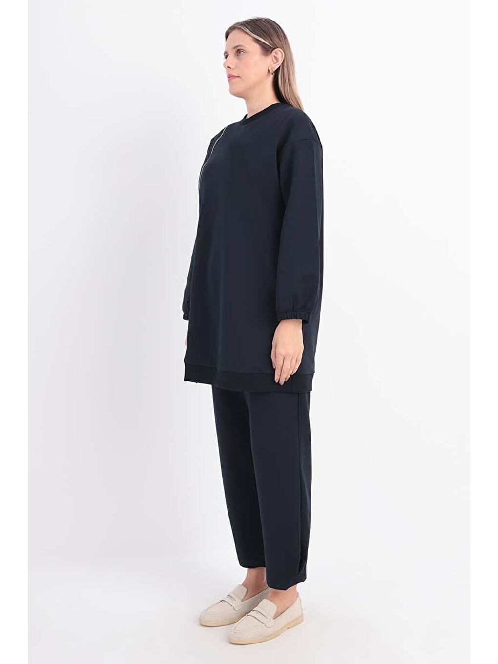 Lacivert-Büyük Beden Fisto Garnili Pantolonlu Takım-2