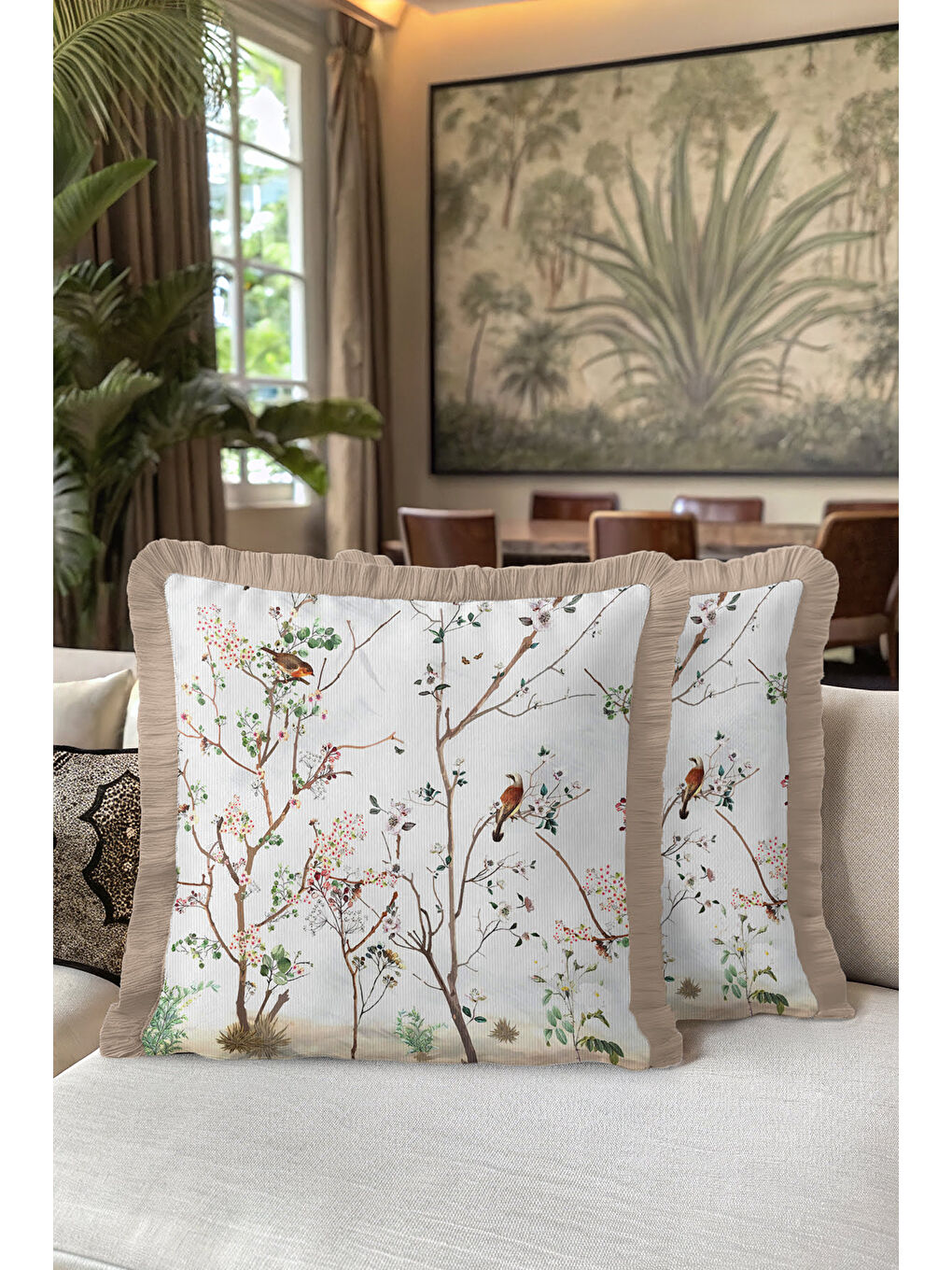 Karışık Çiçekli Kuş Motifli Saçaklı Yastık Kılıfı - Doğal Bahar Rustik Bej Püsküllü Kırlent Kılıfı-5