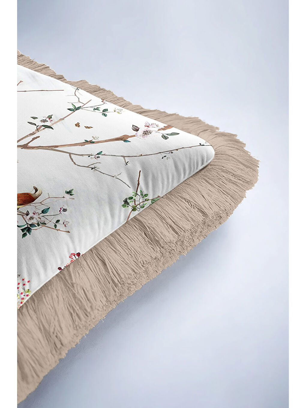 Karışık Çiçekli Kuş Motifli Saçaklı Yastık Kılıfı - Doğal Bahar Rustik Bej Püsküllü Kırlent Kılıfı-6