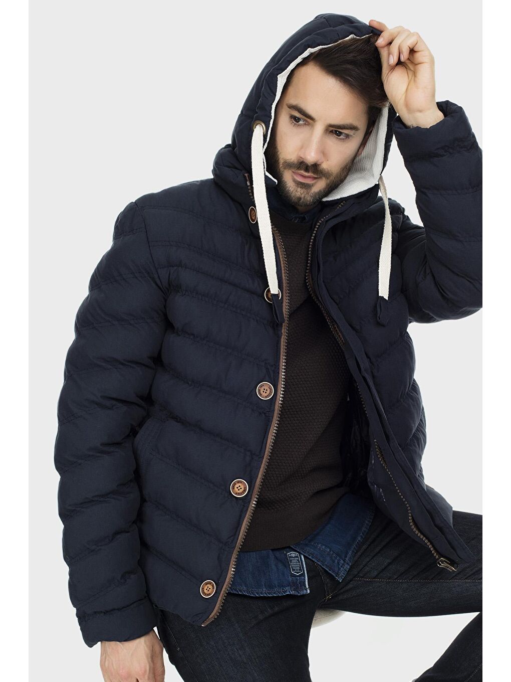 Lacivert Slim Fit Kapüşonlu Dik Yaka Şişme Mont 55618K5071-4