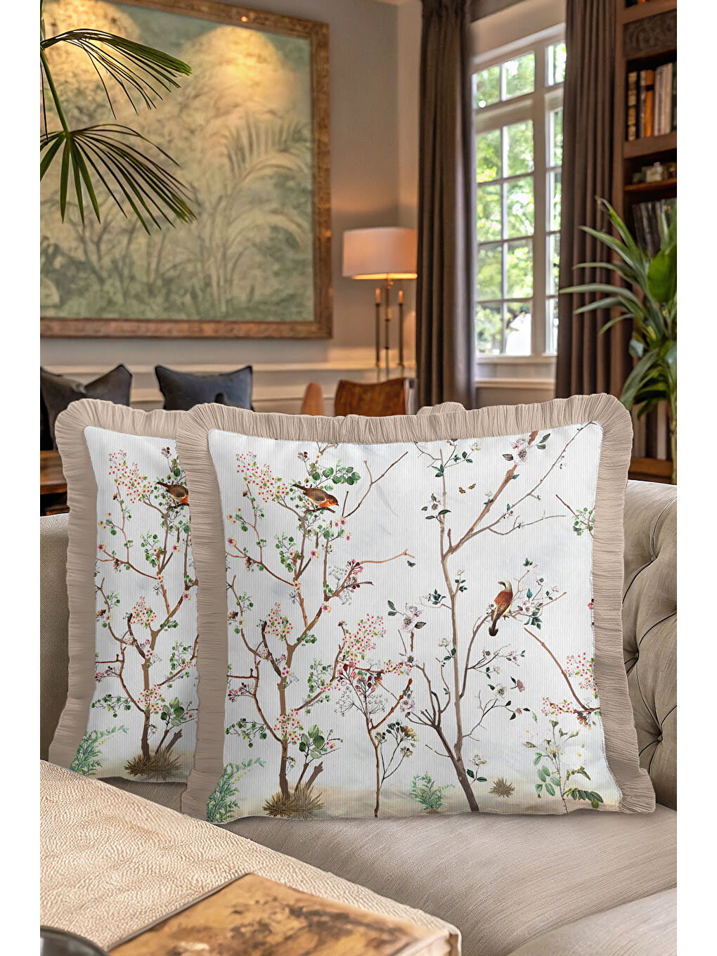 Karışık Çiçekli Kuş Motifli Saçaklı Yastık Kılıfı - Doğal Bahar Rustik Bej Püsküllü Kırlent Kılıfı-7