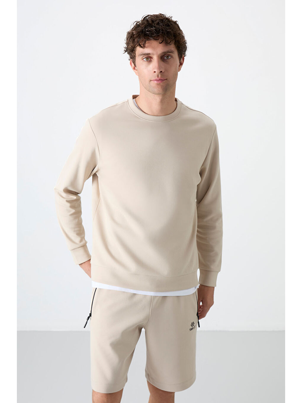 Bej Basic O Yaka Rahat Form Erkek Sweatshirt - 88053-2