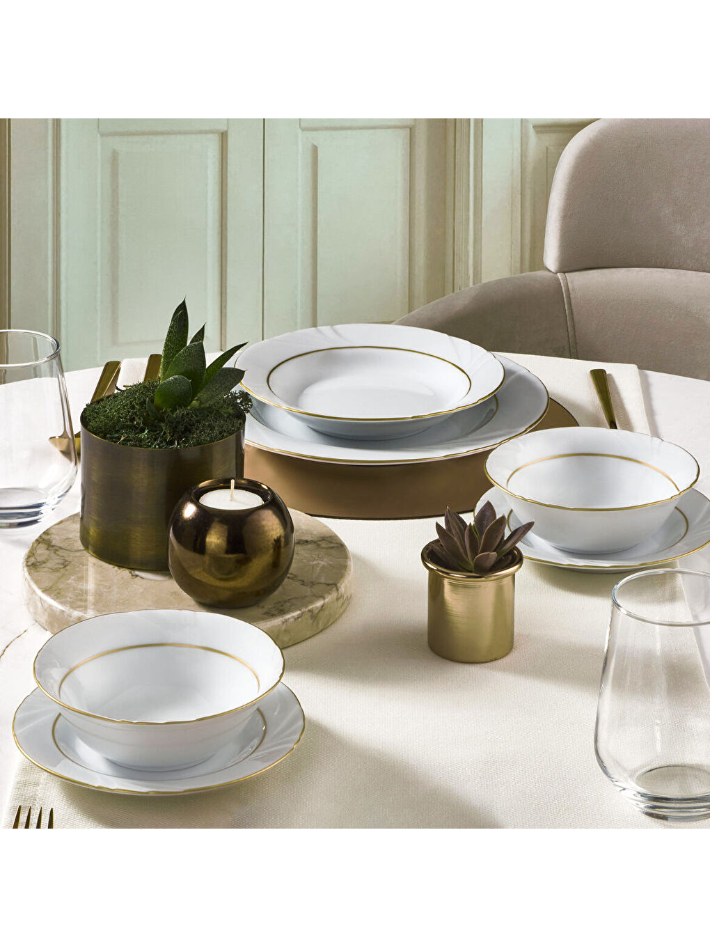 Ekru Soprano 26 Parça 6 Kişilik Yemek Takımı Altın Yaldız 23-1