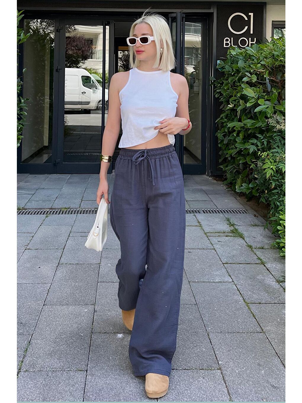 Gri Füme Bol Paça Müslin Kadın Pantolon Mg1980-1