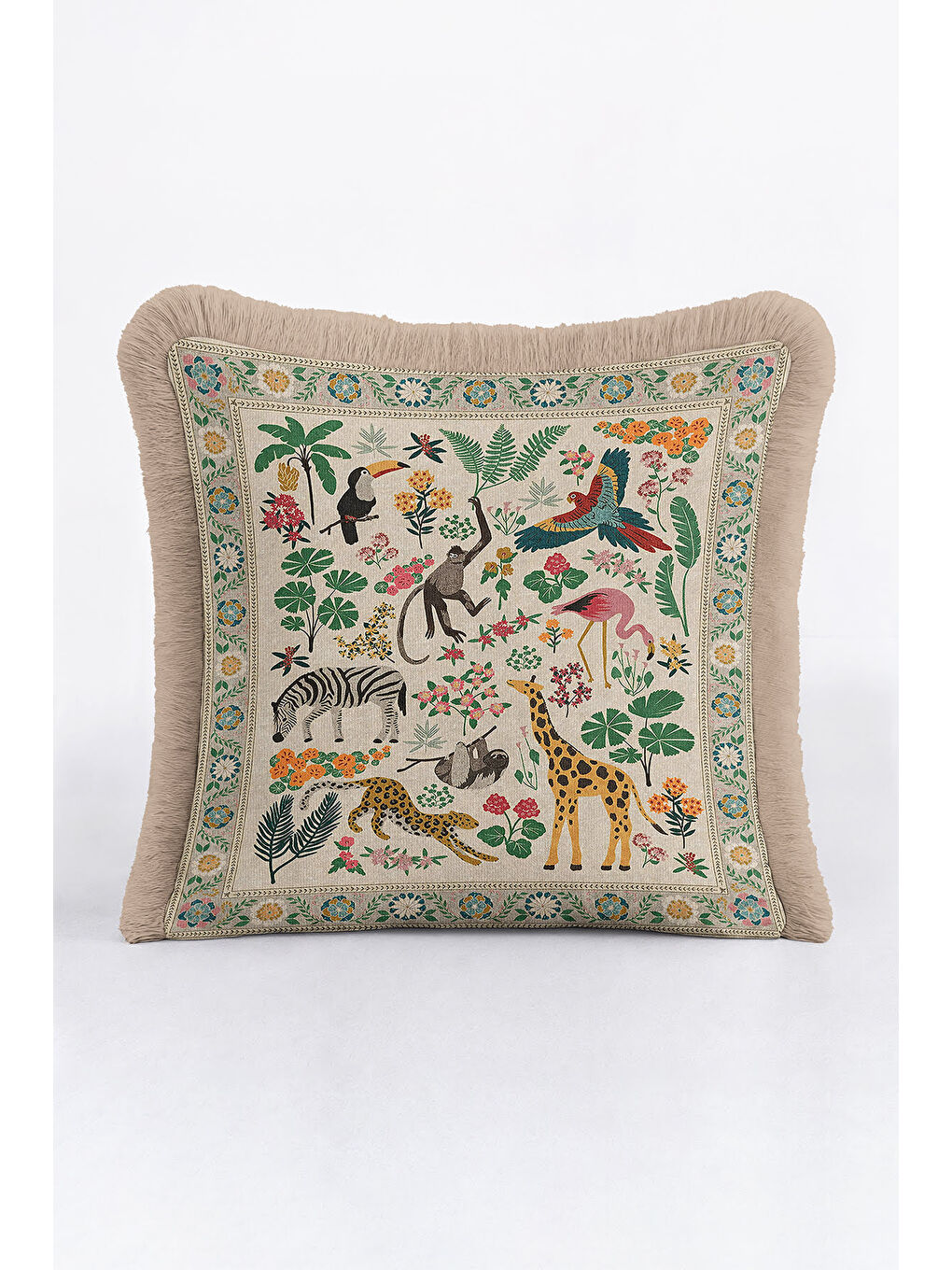 Karışık Tropikal Hayvanlar Saçaklı Yastık Kılıfı - Jungle Tema Bohem Yeşil Gold Püsküllü Kırlent Kılıfı