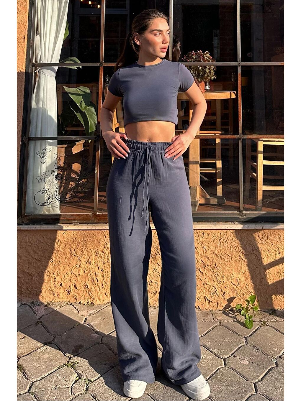 Gri Füme Bol Paça Müslin Kadın Pantolon Mg1980-3